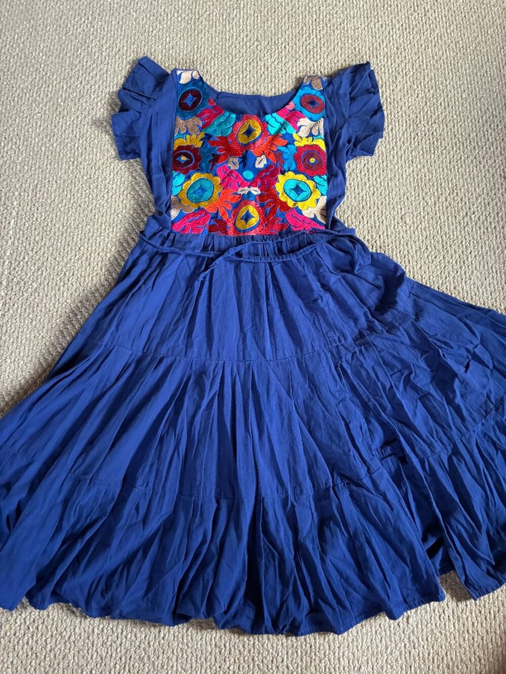 Embroidered Blue Mexican Peasant Dress Womens One Size Maxi Tiered Floral